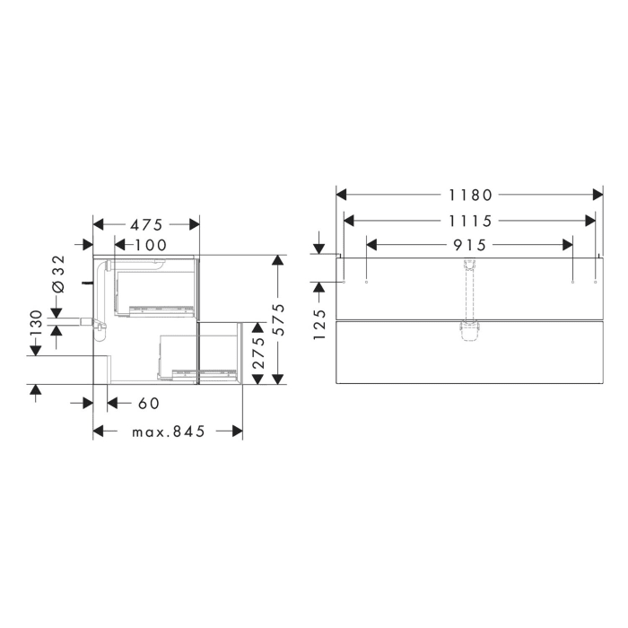 hansgrohe Xevolos E Waschtischunterschrank 118 x 57,5 cm mit 2 Schubkästen