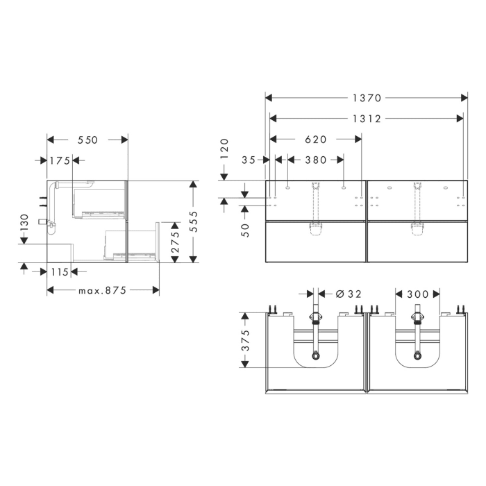 hansgrohe Xevolos E Waschtischunterschrank 137 x 55 mit 4 Schubkästen für Konsolen und 2 Aufsatzwaschtische