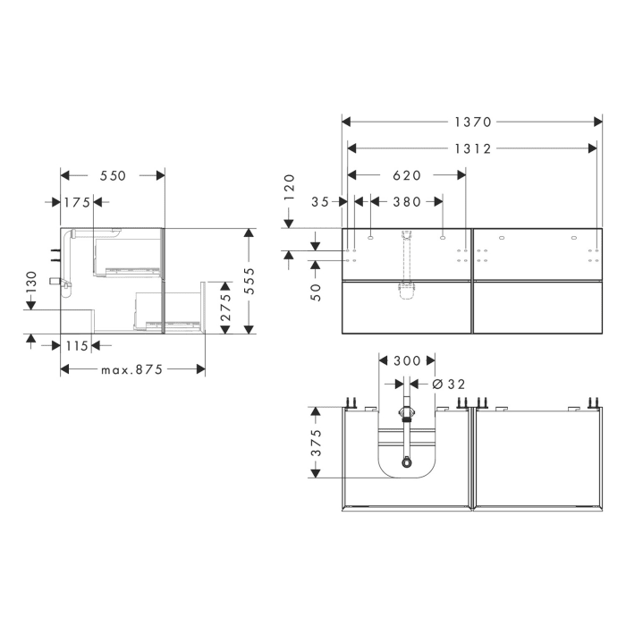 hansgrohe Xevolos E Waschtischunterschrank 137 x 55 cm mit 4 Schubkästen für Konsolen und Aufsatzwaschtisch links