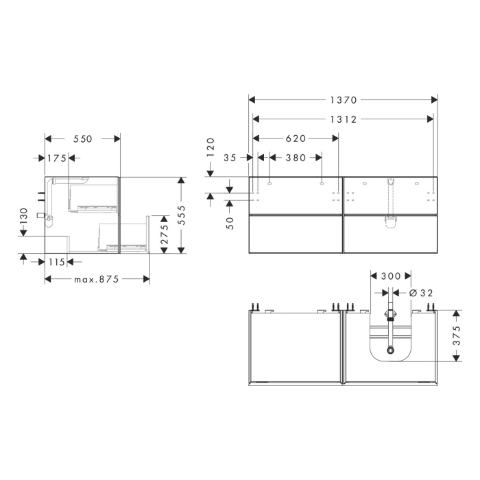 hansgrohe Xevolos E Waschtischunterschrank 137 x 55 cm mit 4 Schubkästen für Konsolen und Aufsatzwaschtisch rechts