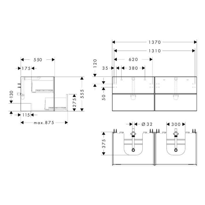 hansgrohe Xevolos E Waschtischunterschrank 137 x 55,5 cm mit 4 Schubkästen für Konsole und 2 Aufsatzwaschtische