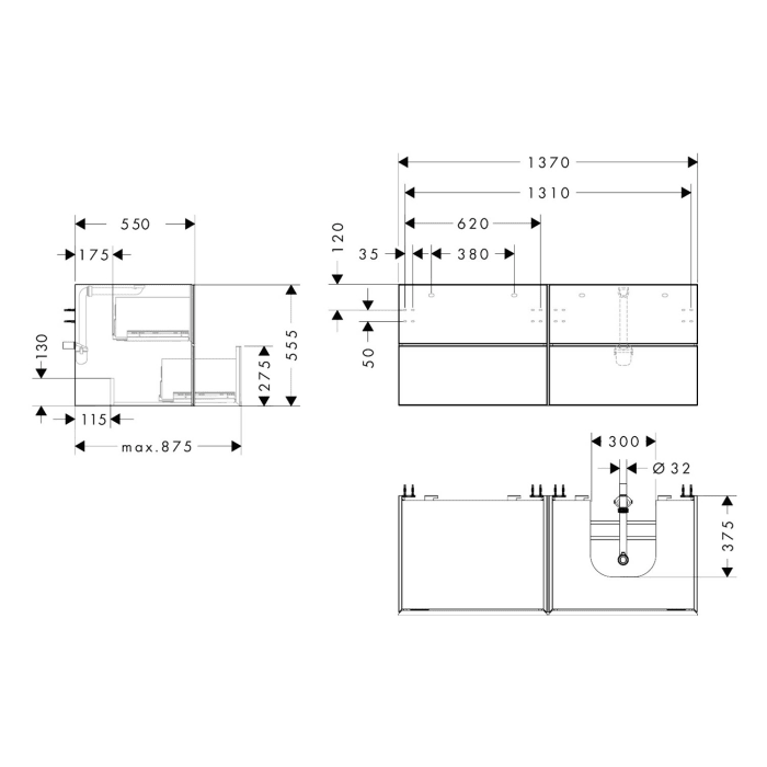 hansgrohe Xevolos E Waschtischunterschrank 137 x 55,5 cm mit 4 Schubkästen für Konsole und Aufsatzwaschtisch rechts