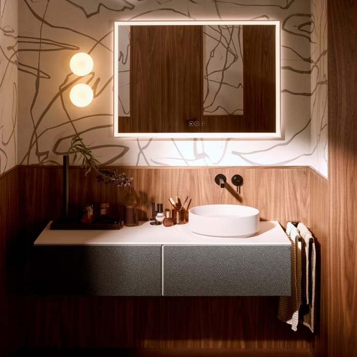 hansgrohe Xevolos E Waschtischunterschrank 137 x 27,5 cm mit 2 Schubkästen für Konsole und Aufsatzwaschtisch rechts