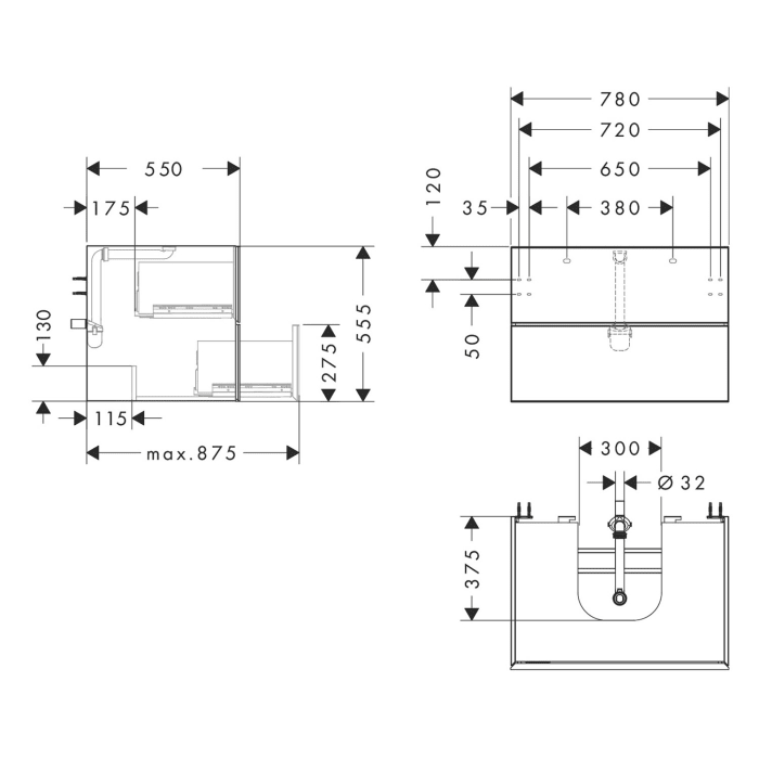 hansgrohe Xevolos E Waschtischunterschrank 78 x 55,5 cm mit 2 Schubkästen für Konsole und Aufsatzwaschtisch