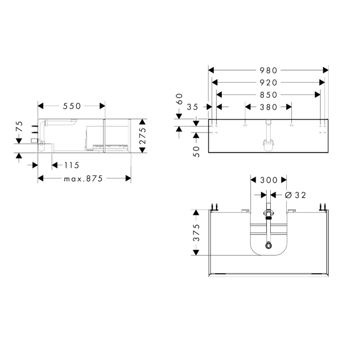 hansgrohe Xevolos E Waschtischunterschrank 98 x 27,5 cm mit 1 Schubkasten für Konsole mit Ausschnitt mittig für Aufsatzwaschtisch
