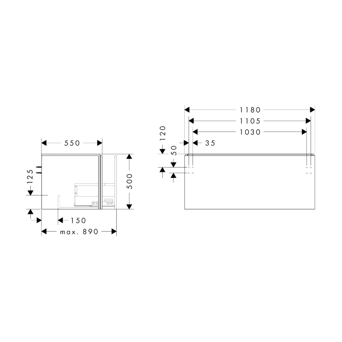 hansgrohe Xilesa E Waschtischunterschrank 118 cm mit 1 Auszug für Konsole mit Ausschnitt mittig