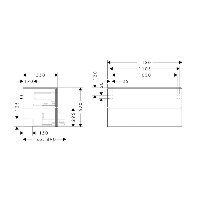 hansgrohe Xilesa E Waschtischunterschrank 118 cm mit 2 Auszügen für Konsole mit Ausschnitt mittig