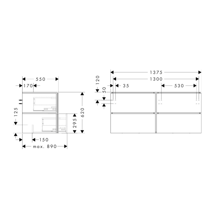hansgrohe Xilesa E Waschtischunterschrank 137,5 cm mit 4 Auszügen für Konsole mit Ausschnitt
