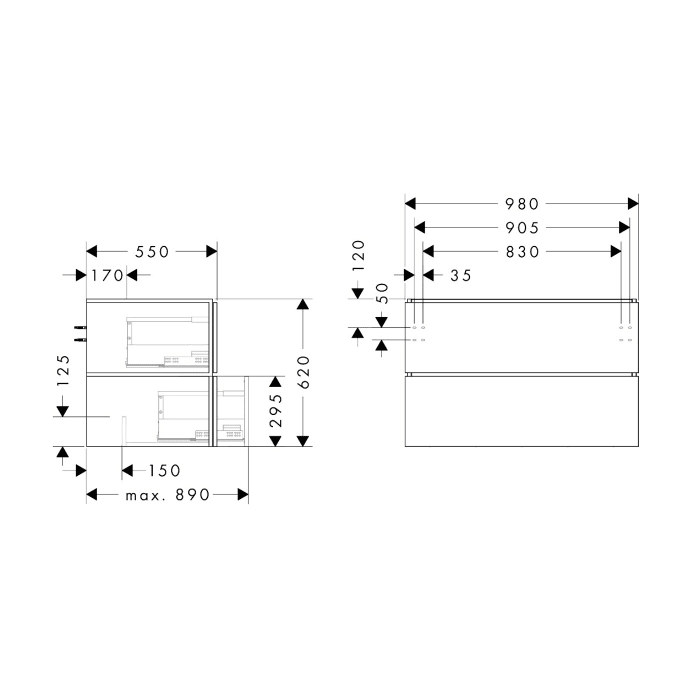 hansgrohe Xilesa E Waschtischunterschrank 98 cm mit 2 Auszügen und Push Open Funktion für Konsole mit Ausschnitt mittig