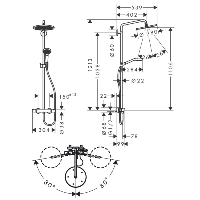 hansgrohe Croma Select S Showerpipe 280 1jet mit Thermostat und Handbrause
