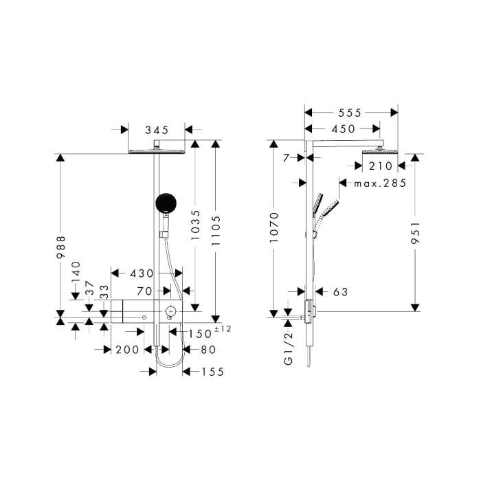 hansgrohe Raindance Alive Q Duschsystem 210/340 softcube, 1 Strahlart, mit ShowerSelect Comfort