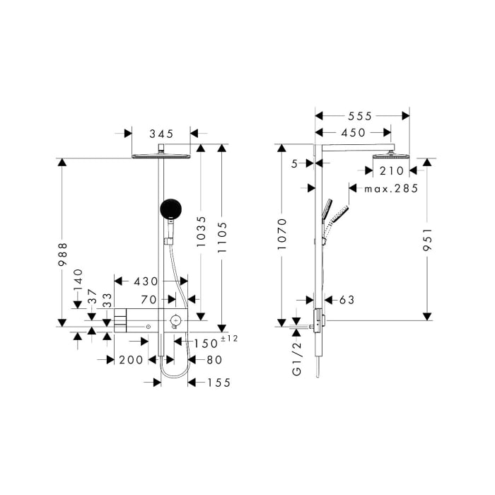 hansgrohe Raindance Alive Q Duschsystem 210/340 softcube, 2 Strahlarten wassersparend, mit ShowerSelect Comfort