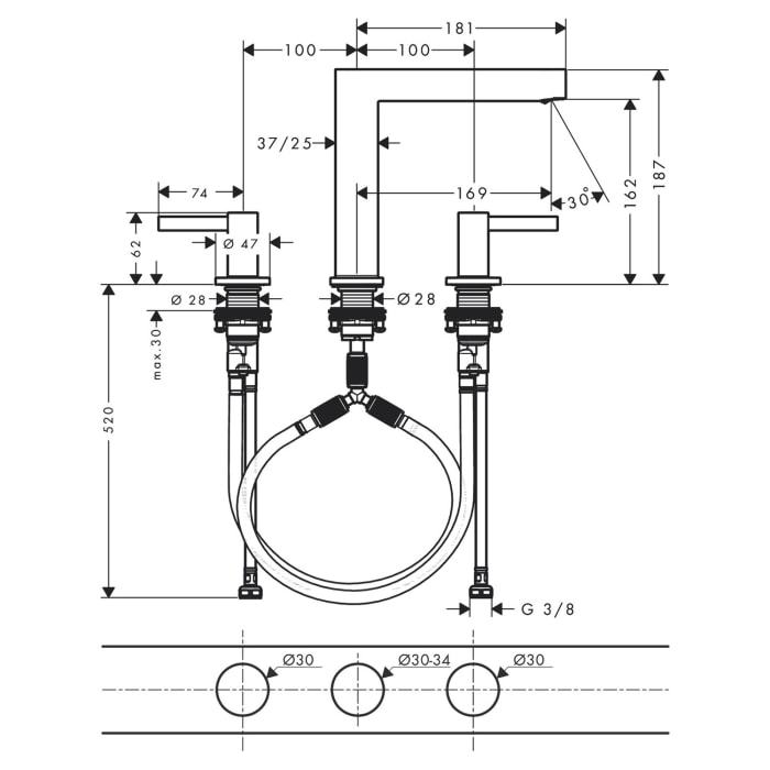 hansgrohe Finoris 3-Loch Waschtischarmatur 160 mit Push-Open Ablaufgarnitur