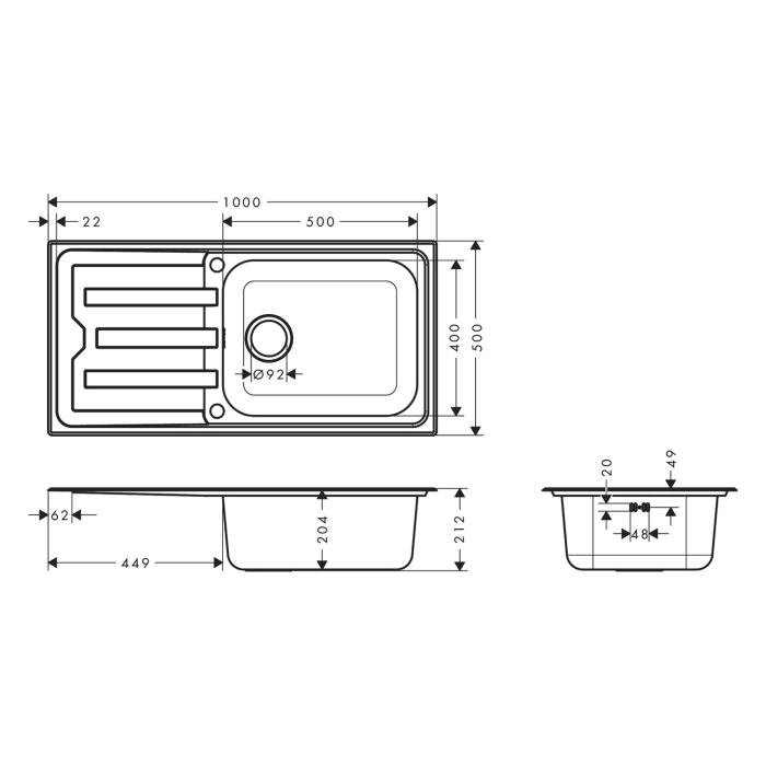 hansgrohe S44 S440-A500 100 Einbauspüle 500 mit Abtropffläche und automatischer Ablaufgarnitur
