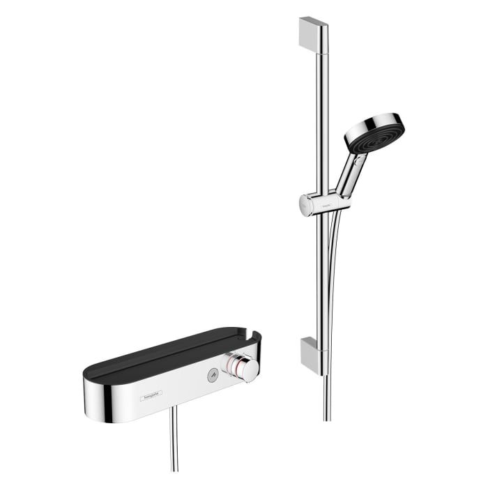 hansgrohe Pulsify Select S Brausesystem 105 3 Strahlarten Relaxation mit Duschkopf, Thermostat, Duschstange 65 cm, Schieber und Duschschlauch