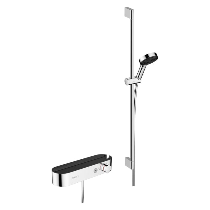 hansgrohe Pulsify Select S Brausesystem 105 3 Strahlarten Relaxation mit Duschkopf, Thermostat, Duschstange 90 cm, Duschkopfhalterung und Duschschlauch