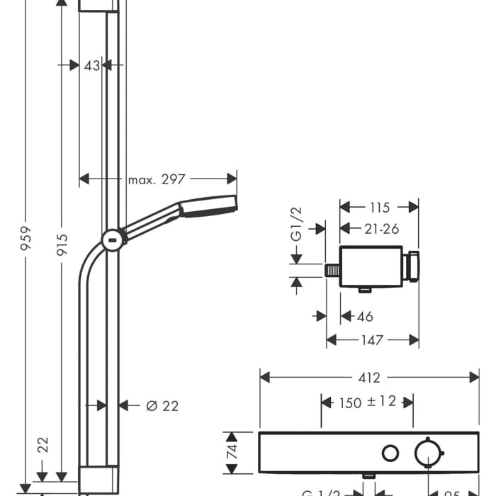 hansgrohe Pulsify Select S Brausesystem 105 3 Strahlarten Relaxation mit Duschkopf, Thermostat, Duschstange 90 cm, Duschkopfhalterung und Duschschlauch
