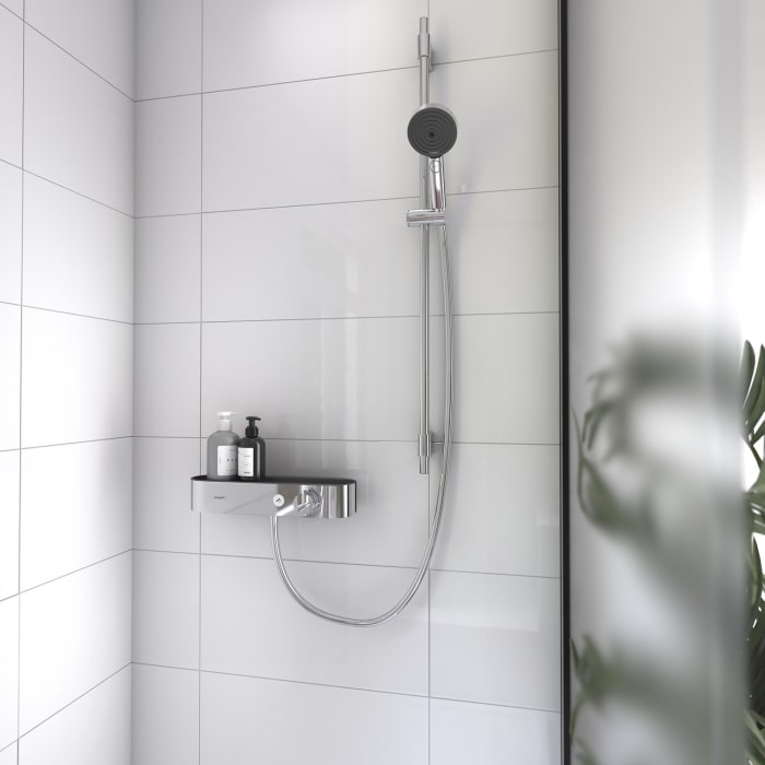 hansgrohe Pulsify Select S Brausesystem 105 3 Strahlarten Relaxation mit Duschkopf, Thermostat, Duschstange 90 cm, Duschkopfhalterung und Duschschlauch
