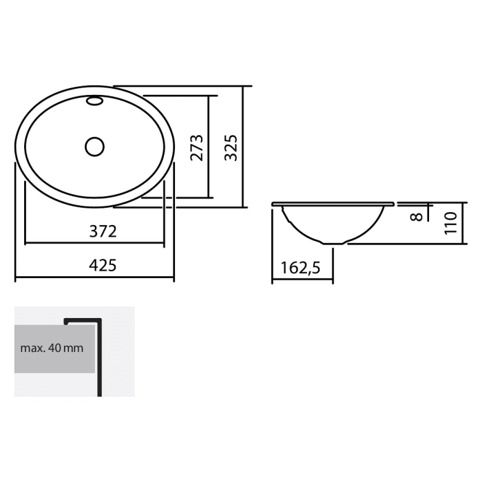 Alape Einbaubecken EB.O425, ovalförmig 42,5 x 32,5 cm