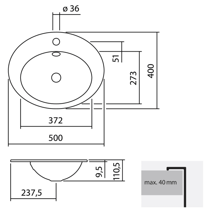 Alape Einbaubecken EB.O500H, ovalförmig 50 x 40 cm
