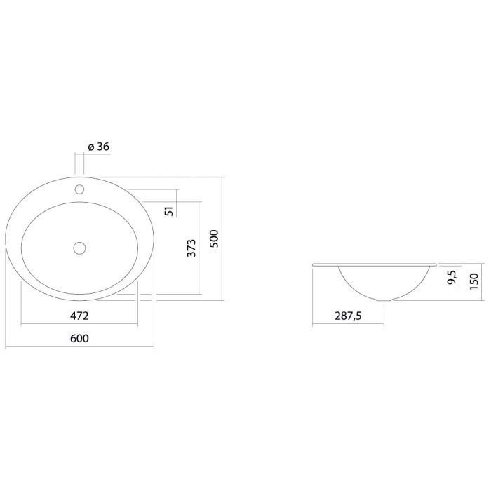 Alape Einbaubecken EB.O600H, ovalförmig 60 x 50 cm