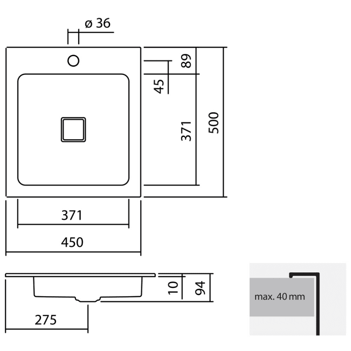 Alape Einbaubecken EB.Q450H, rechteckig 45 x 50 cm