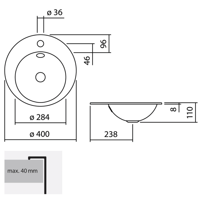 Alape Einbaubecken EB.K400H, kreisförmig mit 40 cm Ø