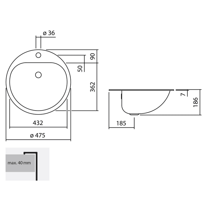 Alape Einbaubecken EW 3.2, kreisförmig mit 47,5 cm Ø ohne Überlauf