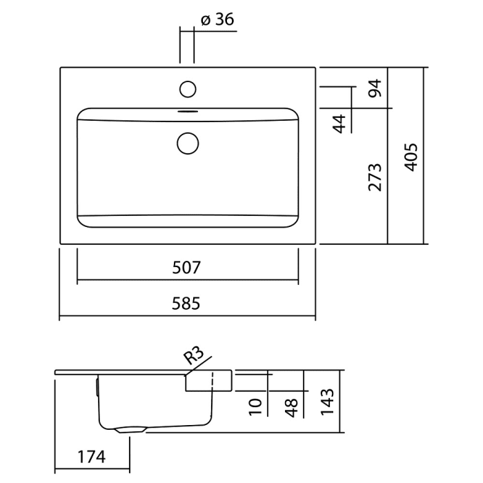 Alape Halbeinbaubecken HB.R585H, rechteckig 58,5 x 40,5 cm