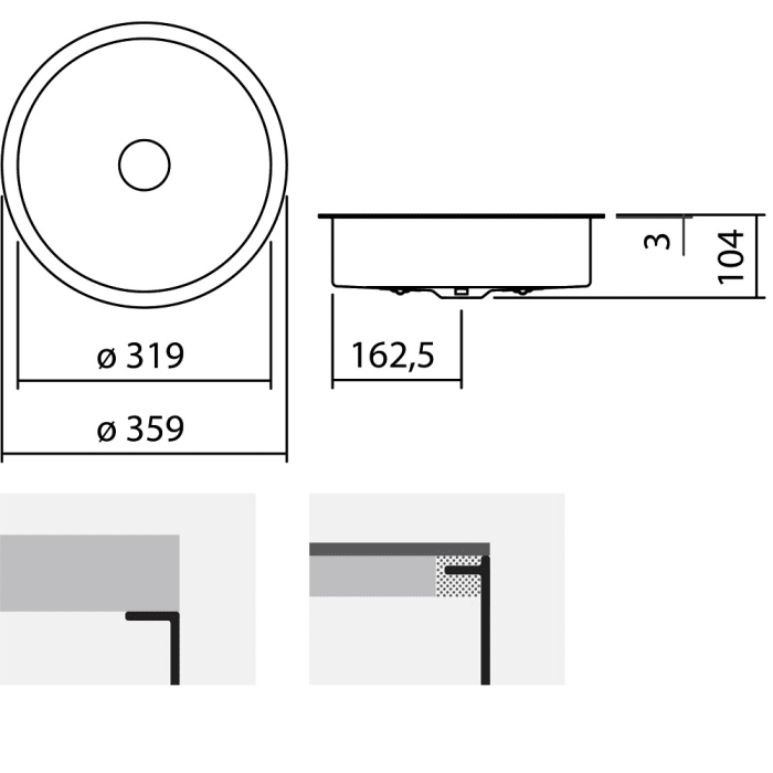 Alape Unterbaubecken UB. KE325 mit 31,9 cm Ø für Montage in HPL-beschichtete Platten