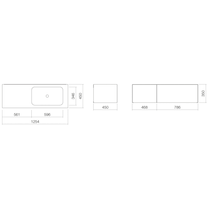 Alape Folio10 Waschplatz 125,4 x 45 cm, ohne Hahnloch, Beckenmulde rechts