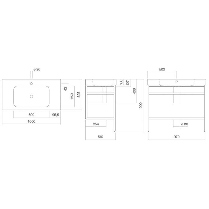 Alape Work.Frame Waschplatz WP.WF100.1, 100 x 52,5 x 90 cm, Beckenmulde mittig