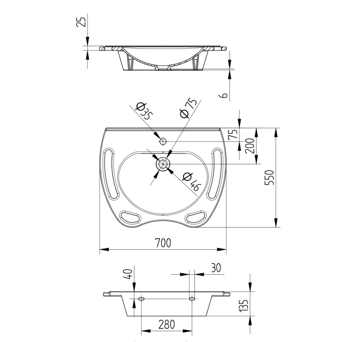 Avenarius Waschtisch  70 x 55,5 cm, mit Überlauf