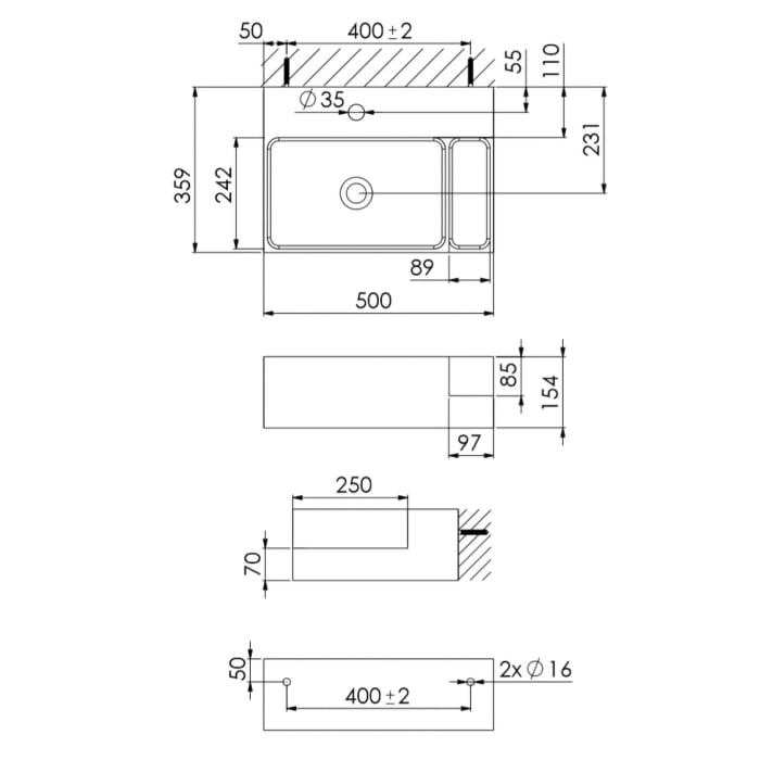 Belmondo Mineo Waschtisch 50 x 36 cm mit Ablagefach rechts