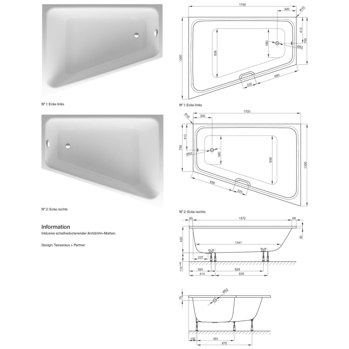 Bette Space L Eck-Badewanne 170 x 130 cm Einbau Ecke rechts