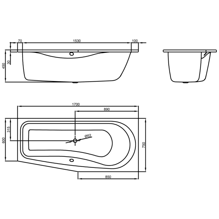 Bette Luna Raumsparwanne 170 x 75 cm links