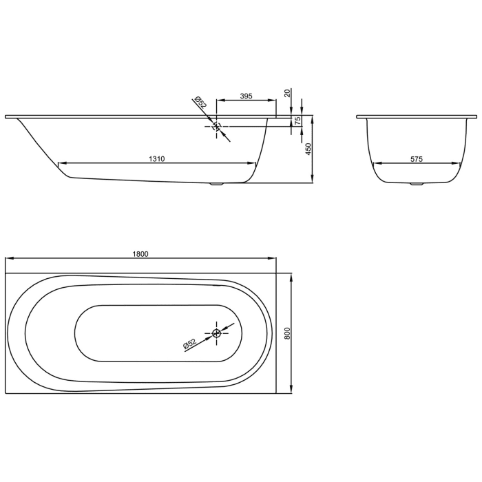 Bette Comodo Rechteck-Badewanne 180 x 80 cm, Überlauf hinten