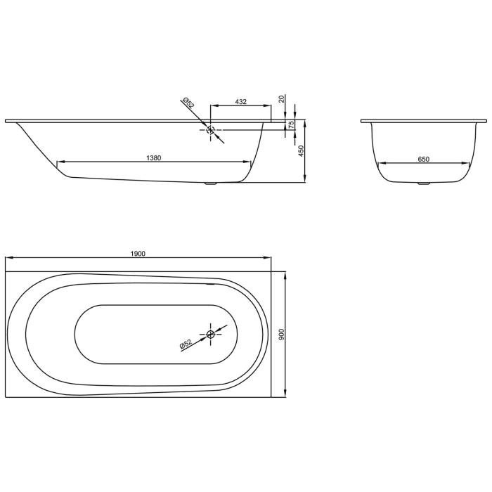 Bette Comodo Rechteck-Badewanne 190 x 90 cm, Überlauf hinten