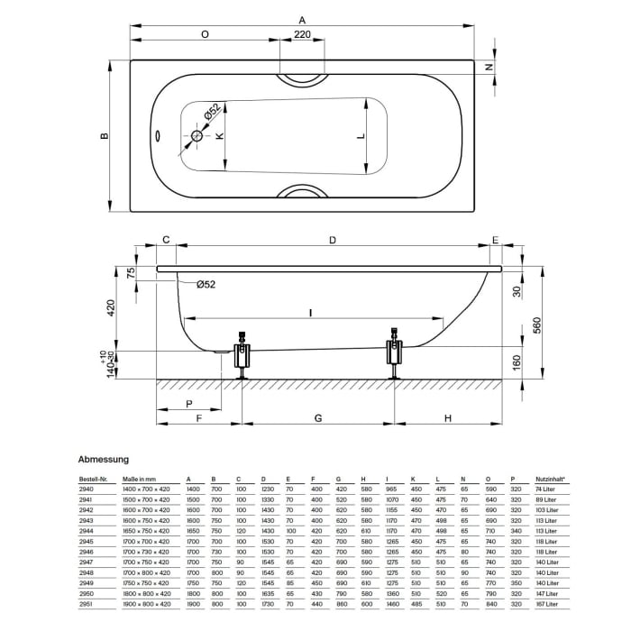 Bette Form Badewanne 165 x 75 x 42 cm