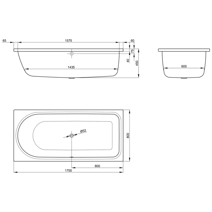 Bette Ocean Badewanne 170 x 80 cm Überlauf vorne