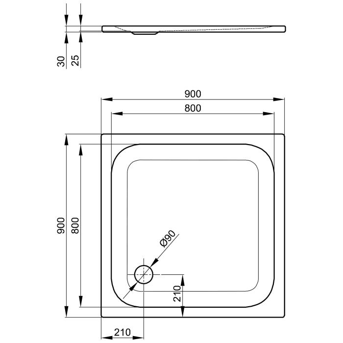 Bette Ultra Duschwanne superflach 90 x 90 x 2,5 mit Wannenträger