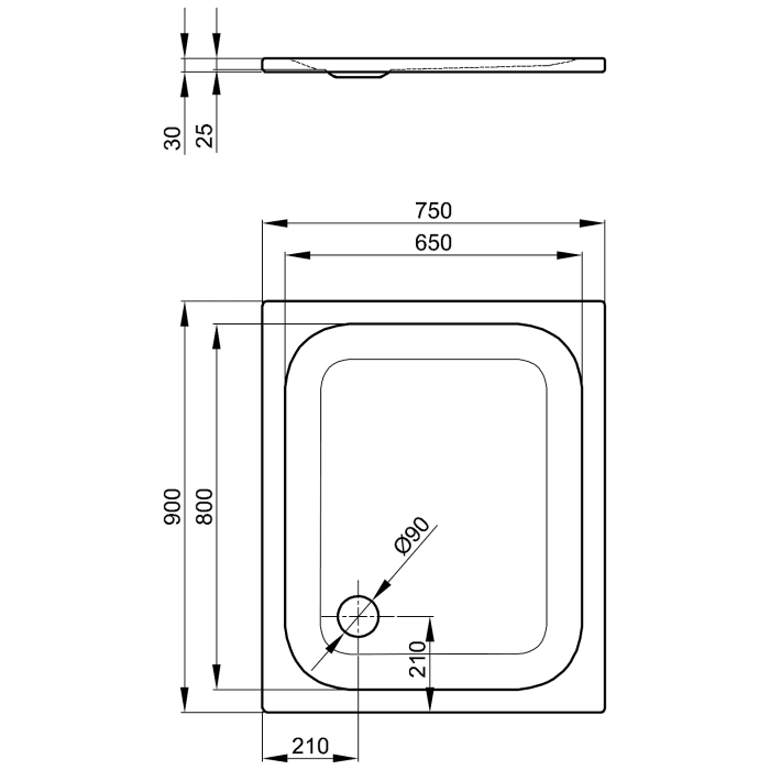 Bette Ultra Duschwanne superflach 90 x 75 x 2,5 mit Wannenträger