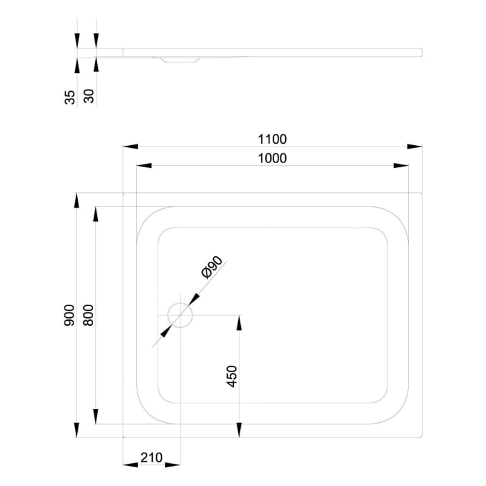 Bette Ultra Duschwanne superflach 110 x 90 x 3,5 cm mit Minimum-Wannenträger und BetteGlasur® Plus