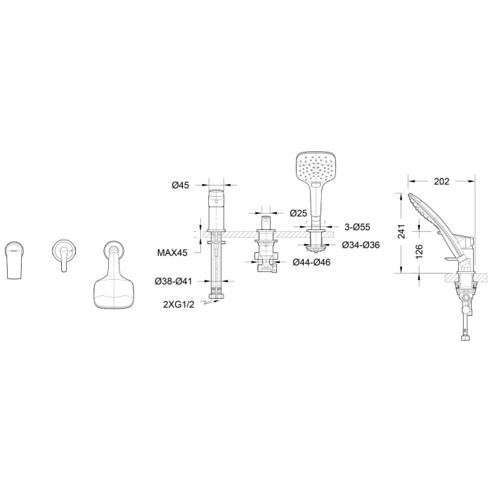 Bravat Valencia Dreiloch-Wannenrandarmatur ohne Wanneneinlauf