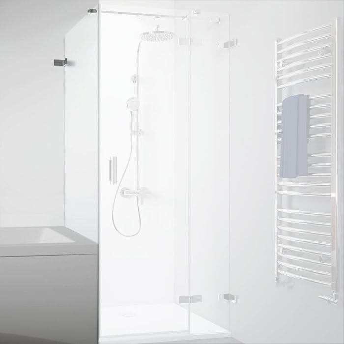 Breuer Panorama Badewannenseitenwand für Drehtür mit Festteil rahmenlos mit Wandwinkel außen, Sondermaß mit CER+ Beschichtung