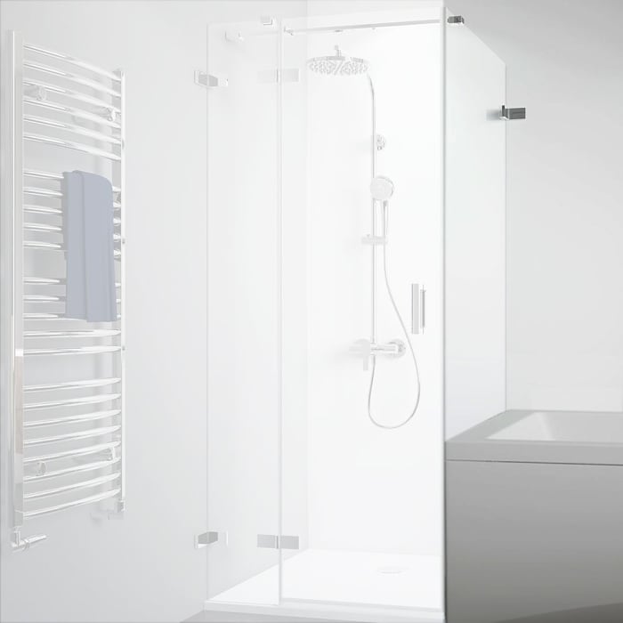 Breuer Panorama Badewannenseitenwand für Drehtür mit Festteil rahmenlos mit Wandwinkel innen, Sondermaß mit CER+ Beschichtung