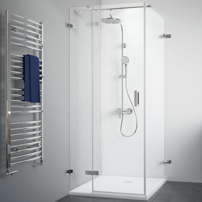 Breuer Panorama Drehtür mit Festteil für Seitenwand rahmenlos mit Wandwinkel außen Sondermaß, Anschlag links