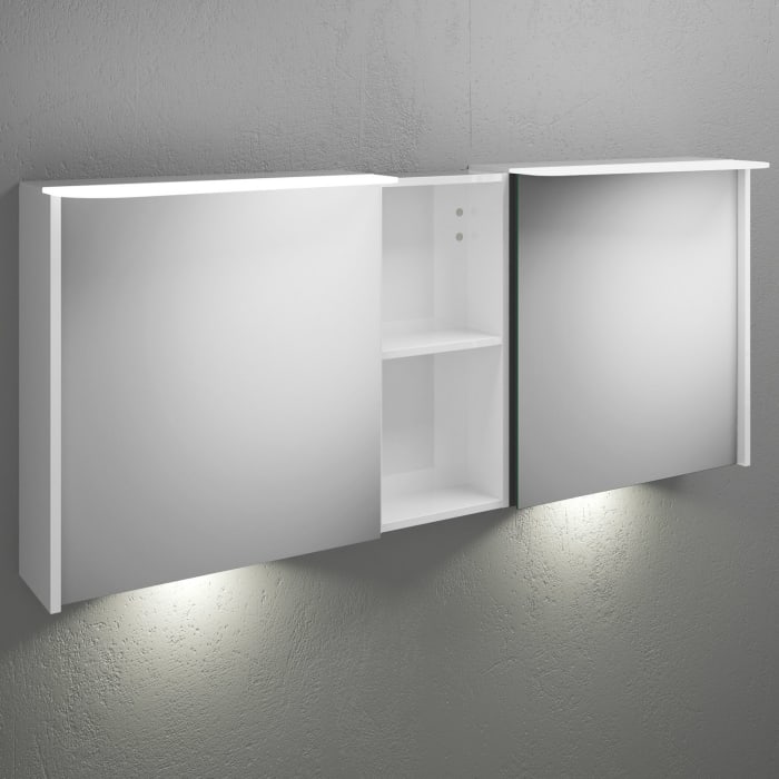 burgbad Badu Spiegelschrank mit LED-Aufsatzleuchte 150 cm, 2 Spiegeltüren, 1 Regal mittig inkl. LED-Waschtischbeleuchtung