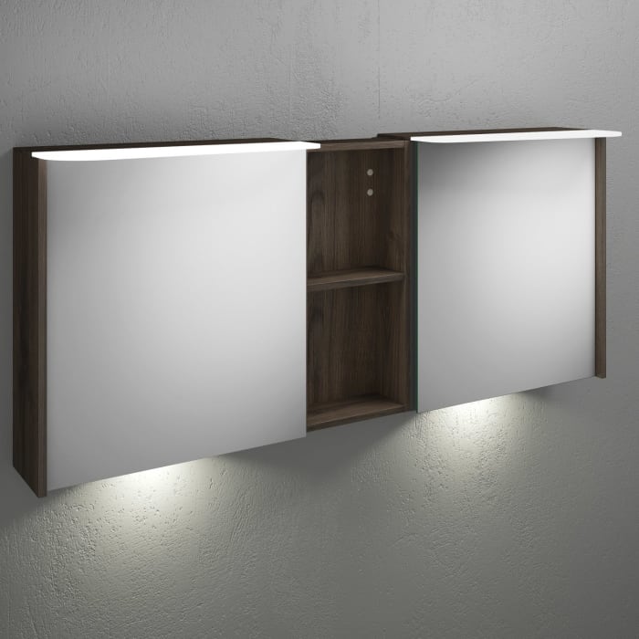 burgbad Badu Spiegelschrank mit LED-Aufsatzleuchte 150 cm, 2 Spiegeltüren, 1 Regal mittig inkl. LED-Waschtischbeleuchtung