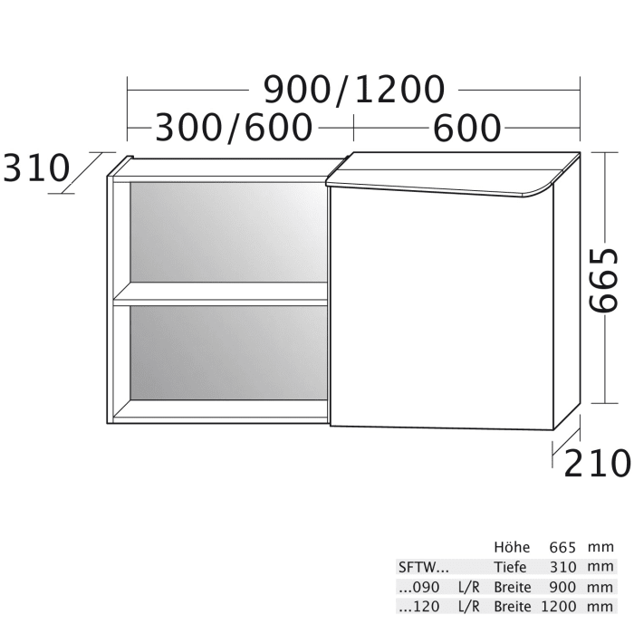 burgbad Badu Spiegelschrank mit LED-Aufsatzleuchte 90 cm, 1 Spiegeltür rechts, Regal links